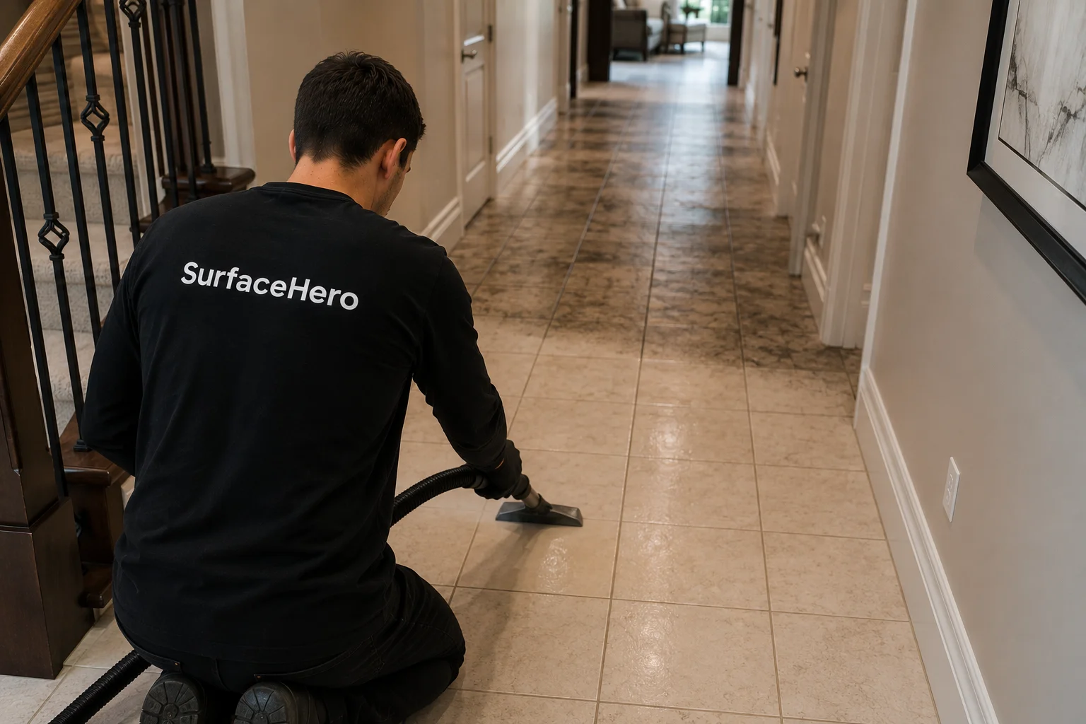SurfaceHero specialist working on tile grout in Montreal